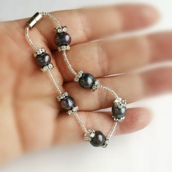 Genuine Peacock Grey Freshwater pearl Crystal  Bracelet - Picture 4 of 5
